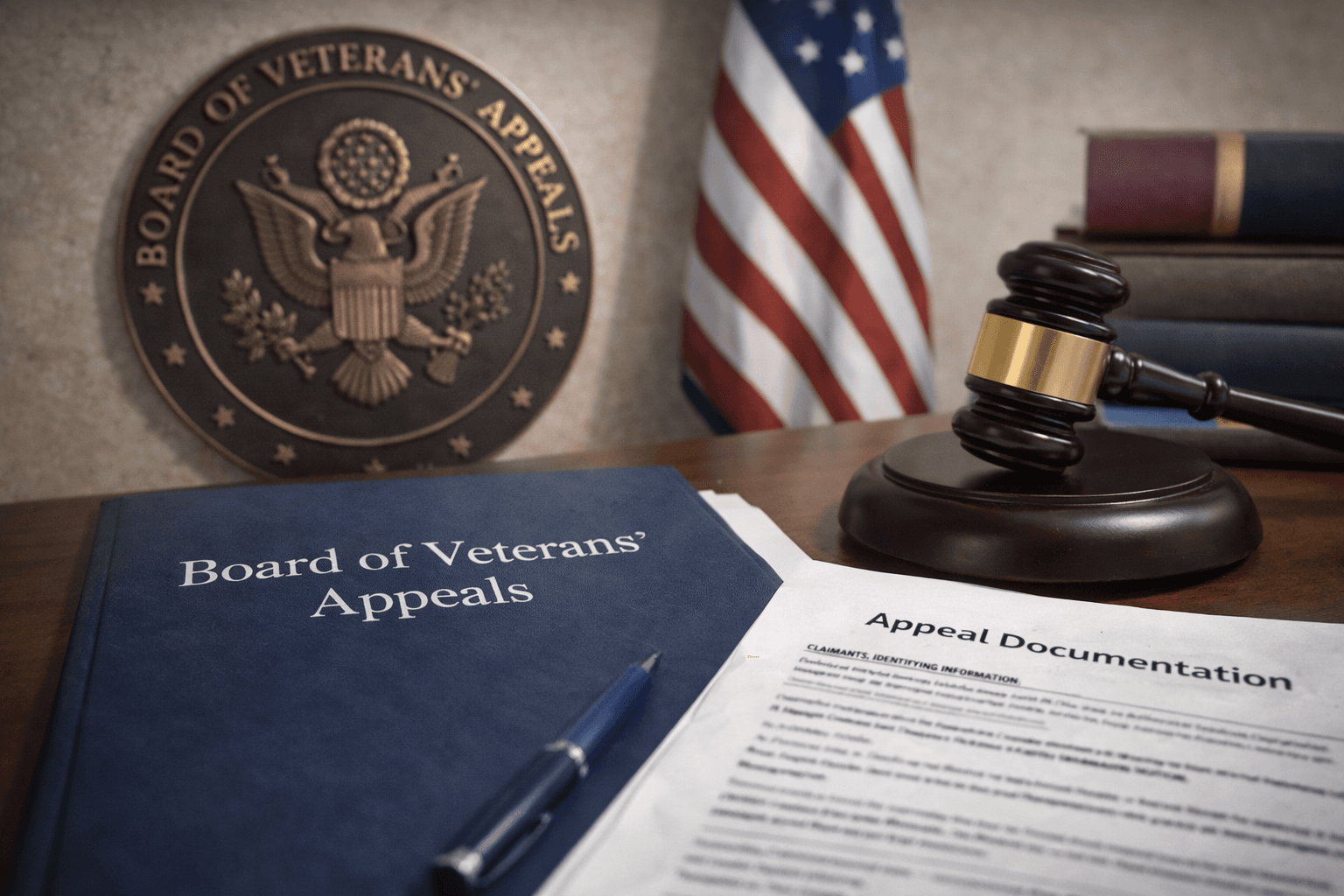 Board of Veterans Appeals folder and appeal documentation beside a gavel and American flag