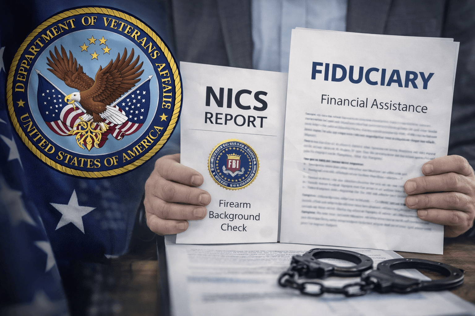 VA fiduciary program and FBI background check reporting documents shown beside the Department of Veterans Affairs seal